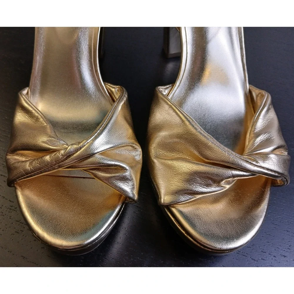 Anne Klein AKVALENTINE-W Gold Metallic Knotted Platform Block Heel Sandals 10W